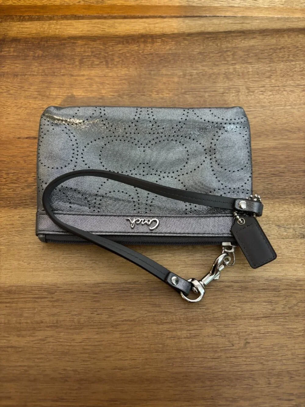 Coach Gunmetal Silver Metallic Perforated C Design Wristlet